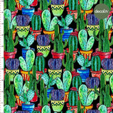Digitally Printed Fabric with Cactus Pattern in a Pot on a Black Background
